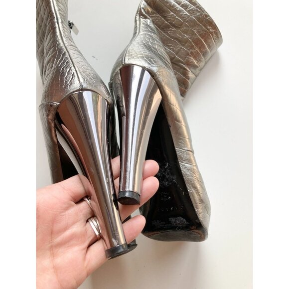 CASADEI Silver Croc-Embossed Leather Mid Calf Platform Mid Calf Boots, Size 6 - Picture 8 of 16